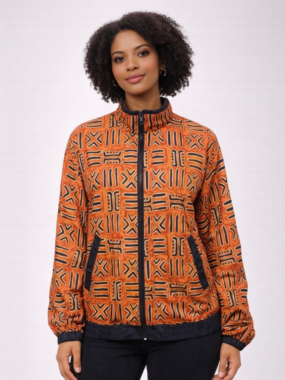 Vtg Avon Style Women’s Nylon Zip Jacket Small – Orange Tribal Print Windbreaker